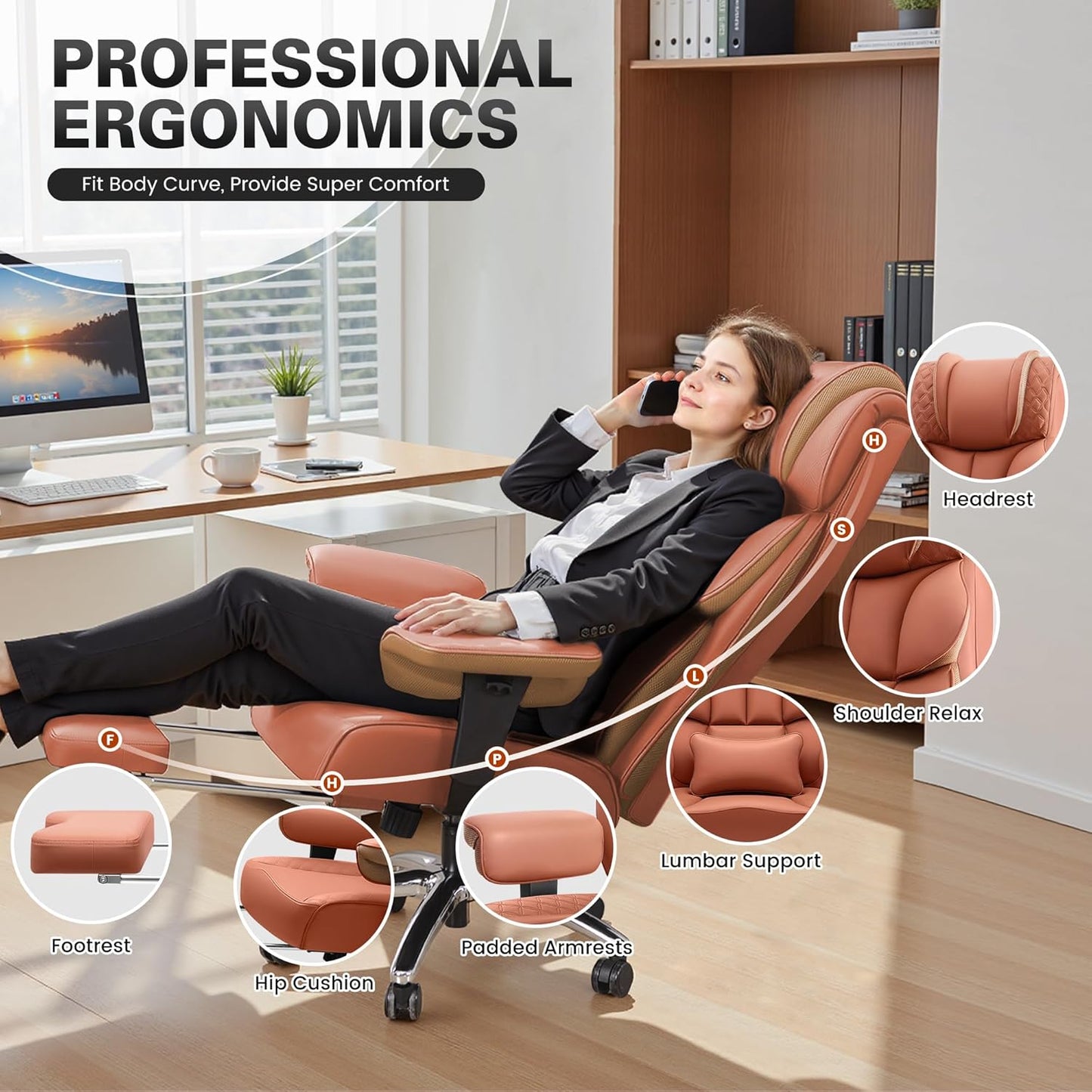 Executive‑Stuhl – Ergonomischer High‑Back mit Fußstütze, bis 180 kg, PU‑Leder
