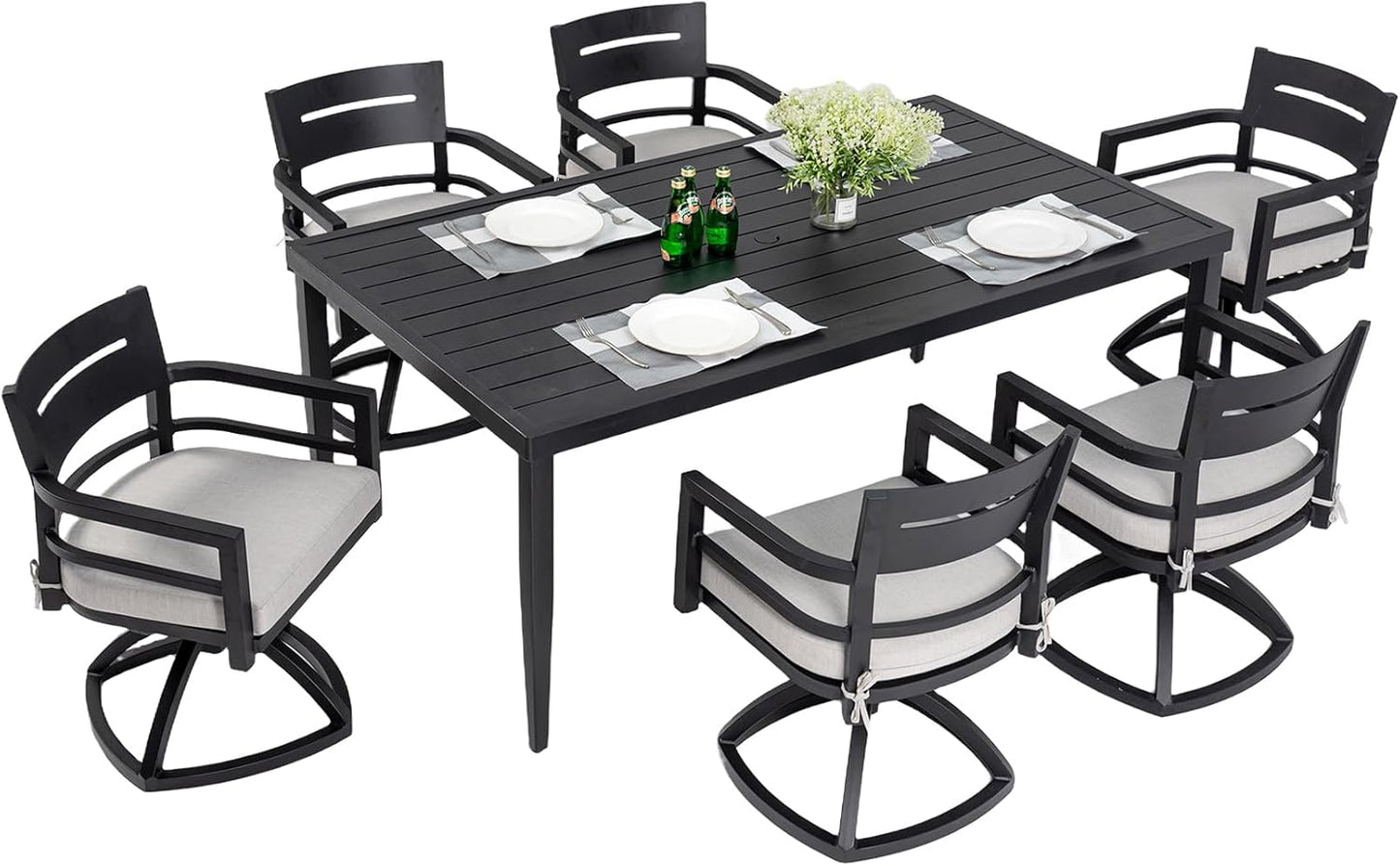 7‑tlg. Aluminium‑Outdoor‑Dining‑Set – 6 drehbare Stühle, Sunbrella‑Polster, Tisch mit Schirmloch