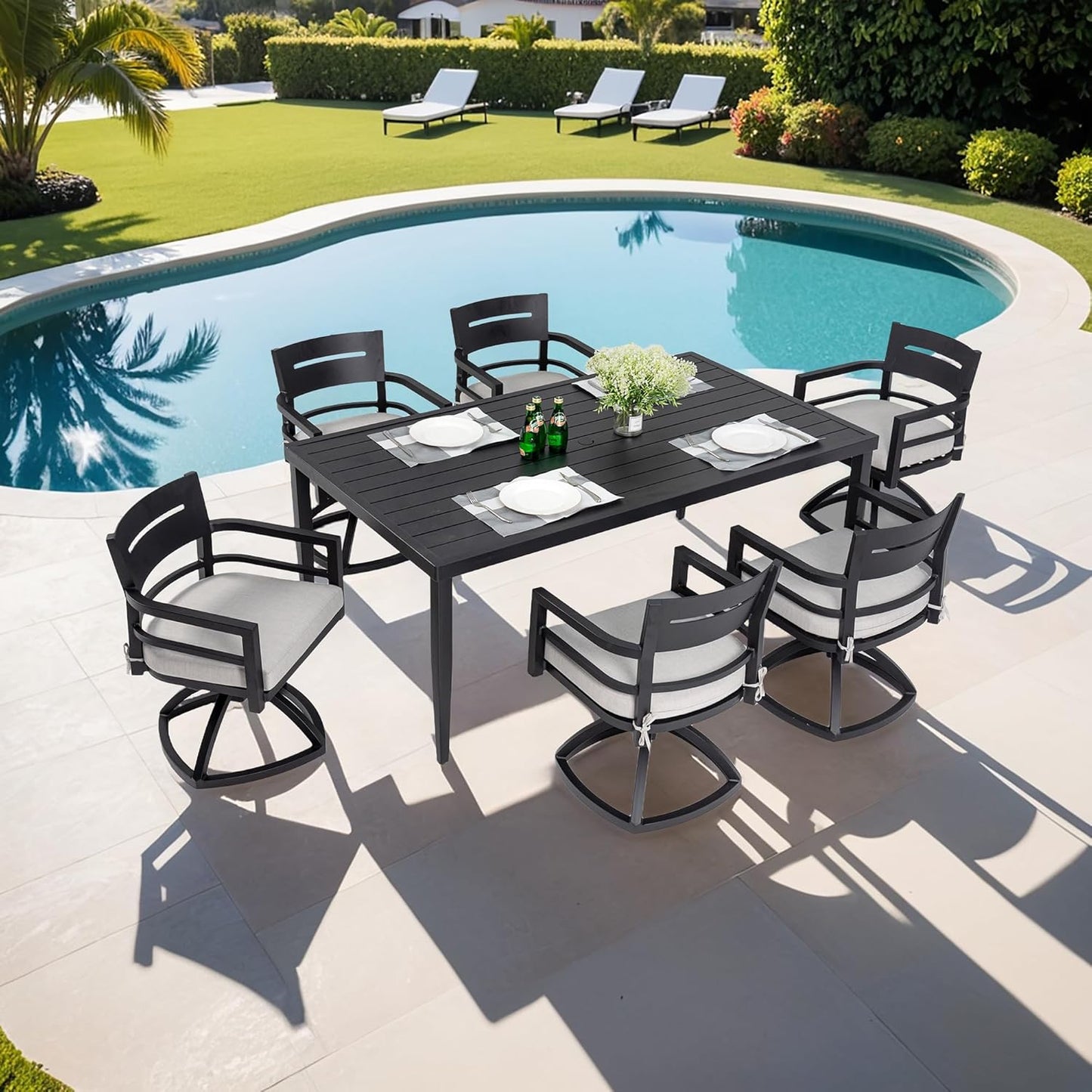 7‑tlg. Aluminium‑Outdoor‑Dining‑Set – 6 drehbare Stühle, Sunbrella‑Polster, Tisch mit Schirmloch