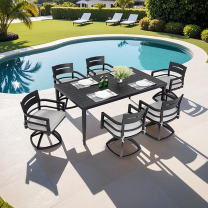 7‑tlg. Aluminium‑Outdoor‑Dining‑Set – 6 drehbare Stühle, Sunbrella‑Polster, Tisch mit Schirmloch