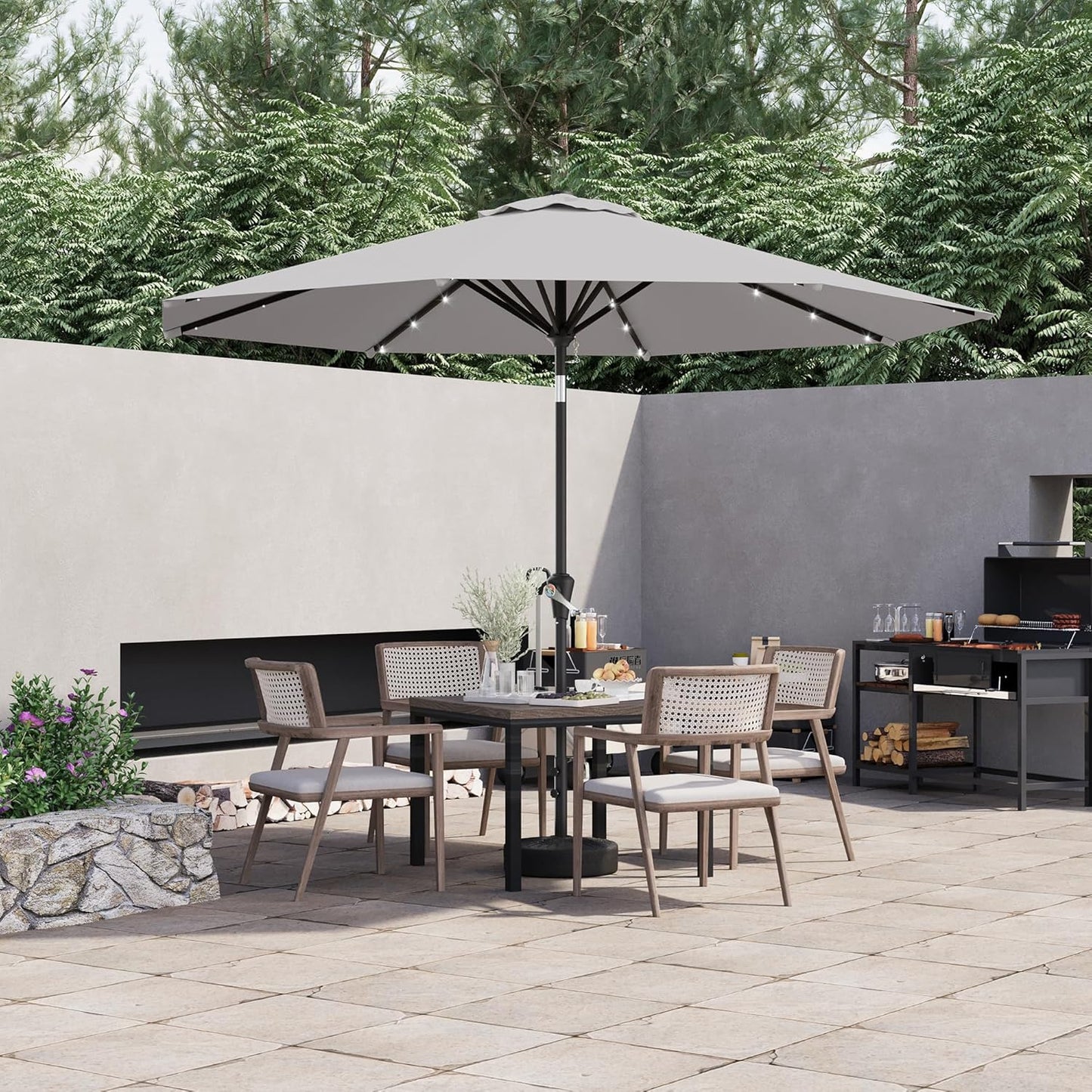 LED Solar-Terrassenschirm 2,7 m mit Kurbel & Neigungsfunktion – 32 LEDs, wasserabweisend, für Garten, Terrasse & Pool