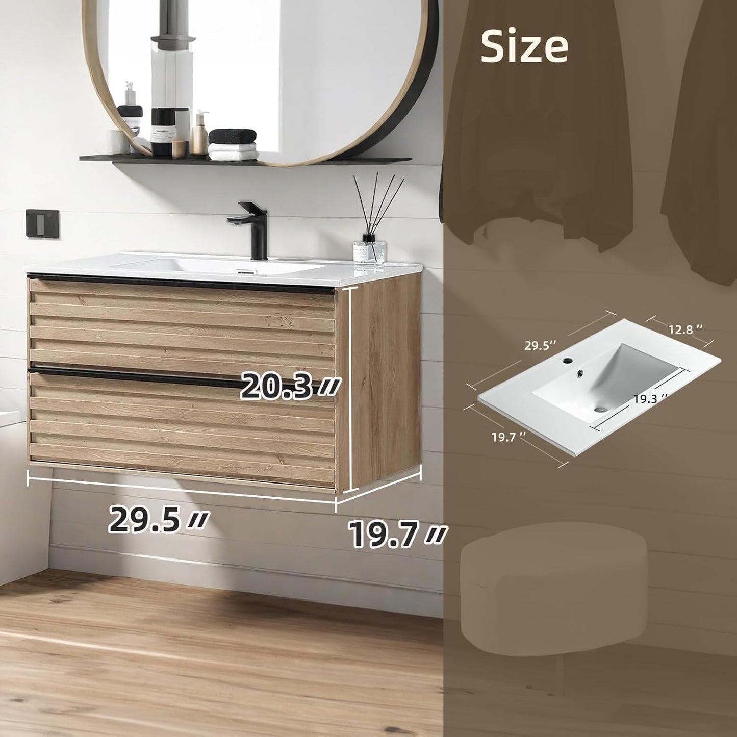 30″ Wand-Waschtisch mit Keramikbecken & Soft‑Close Schubladen