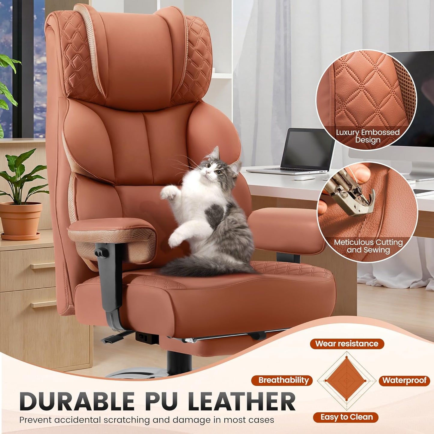 Executive‑Stuhl – Ergonomischer High‑Back mit Fußstütze, bis 180 kg, PU‑Leder