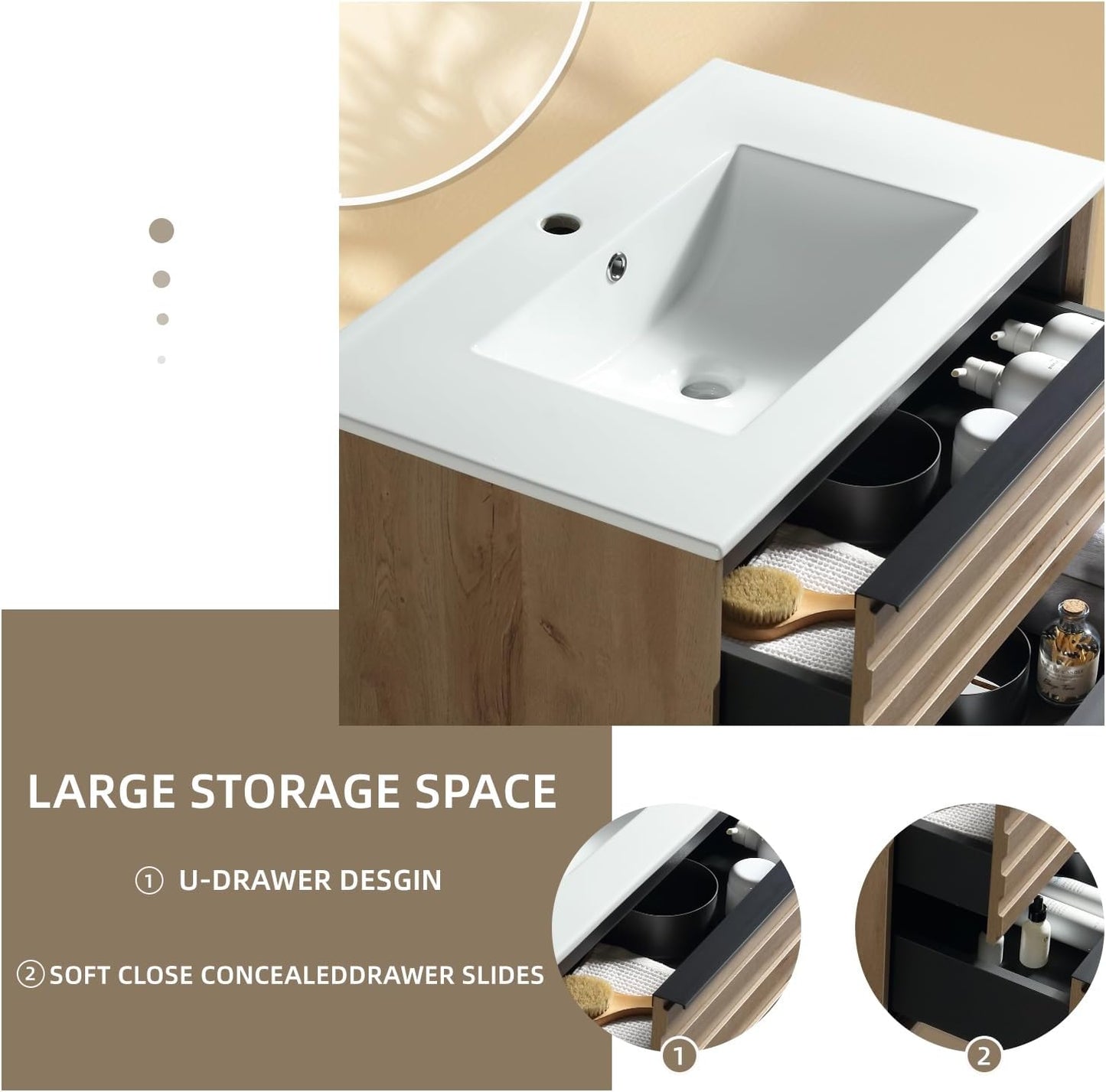 30″ Wand-Waschtisch mit Keramikbecken & Soft‑Close Schubladen