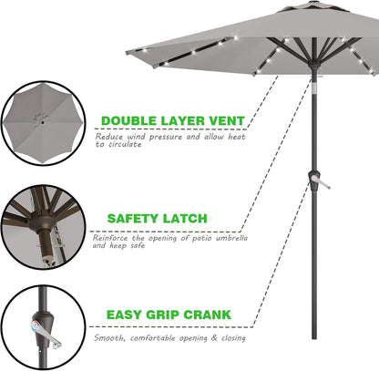 LED Solar-Terrassenschirm 2,7 m mit Kurbel & Neigungsfunktion – 32 LEDs, wasserabweisend, für Garten, Terrasse & Pool