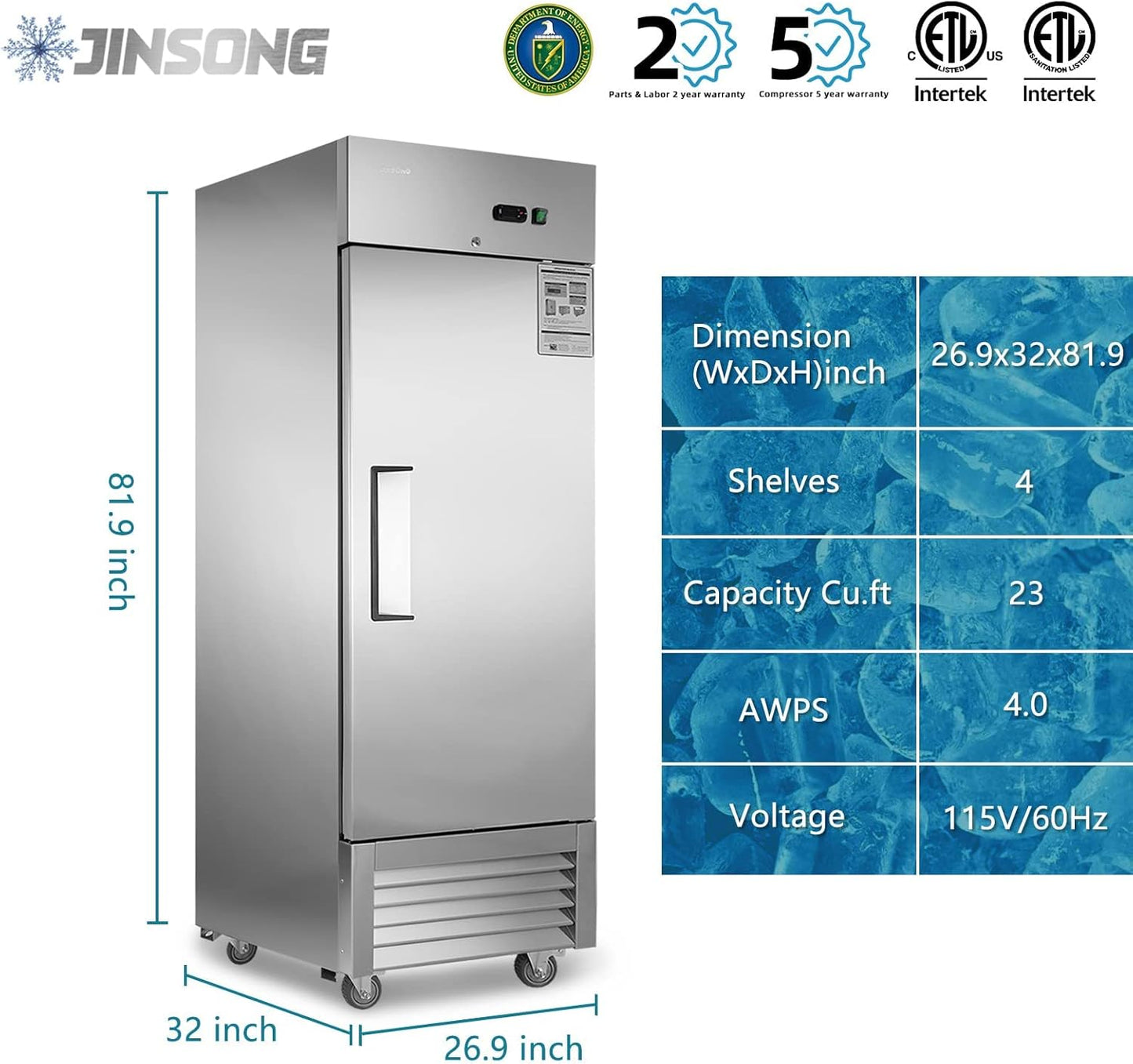 27″ Edelstahl Gefrierschrank – 23 cu.ft, Einzeltür, Rollen & 4 Regale