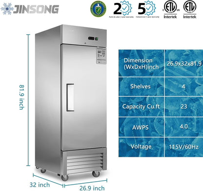 27″ Edelstahl Gefrierschrank – 23 cu.ft, Einzeltür, Rollen & 4 Regale