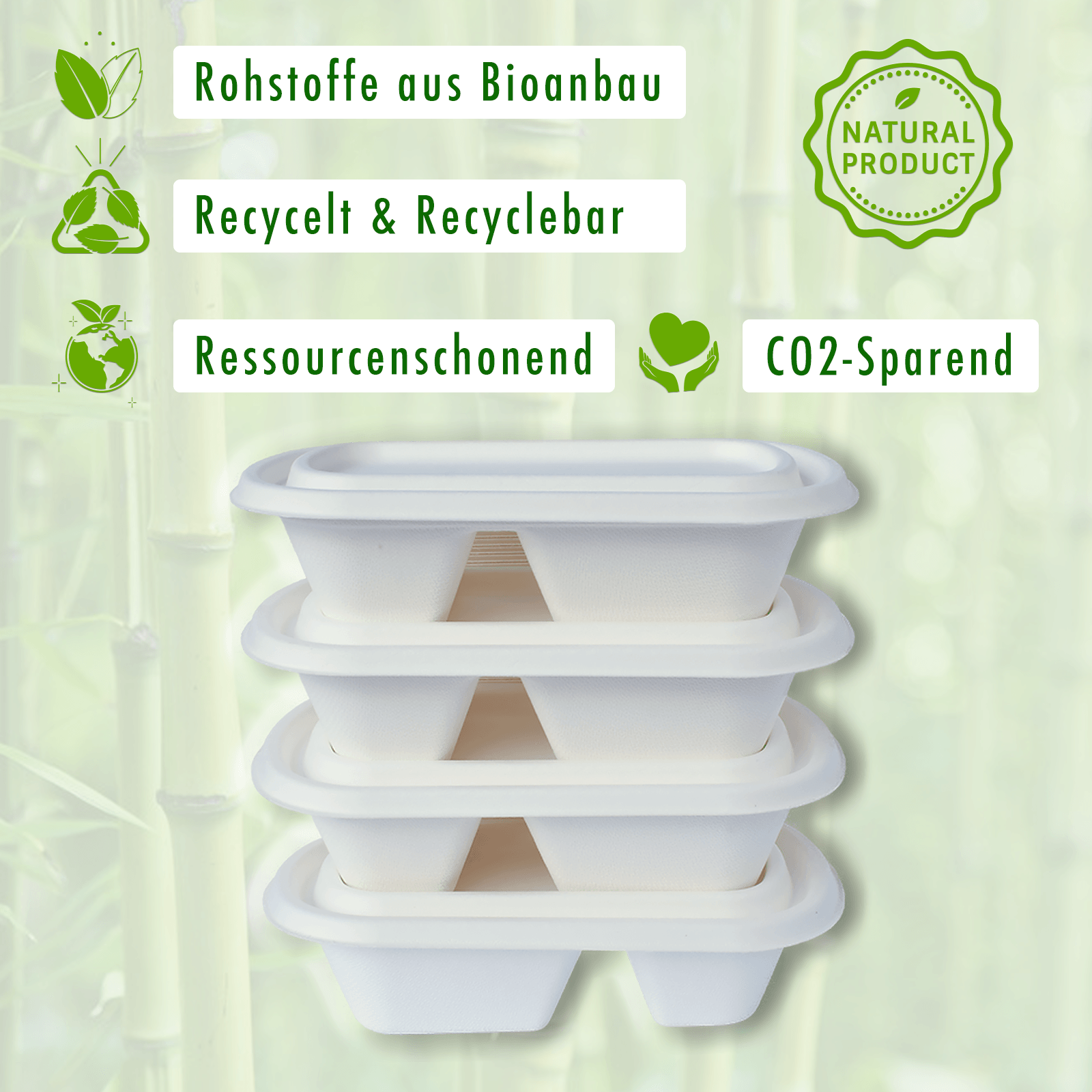 250x Go Bamboo Bio Einweg-Menüboxen mit Deckel aus Bagasse, Pack á 50 Stück - Blau Bärchen