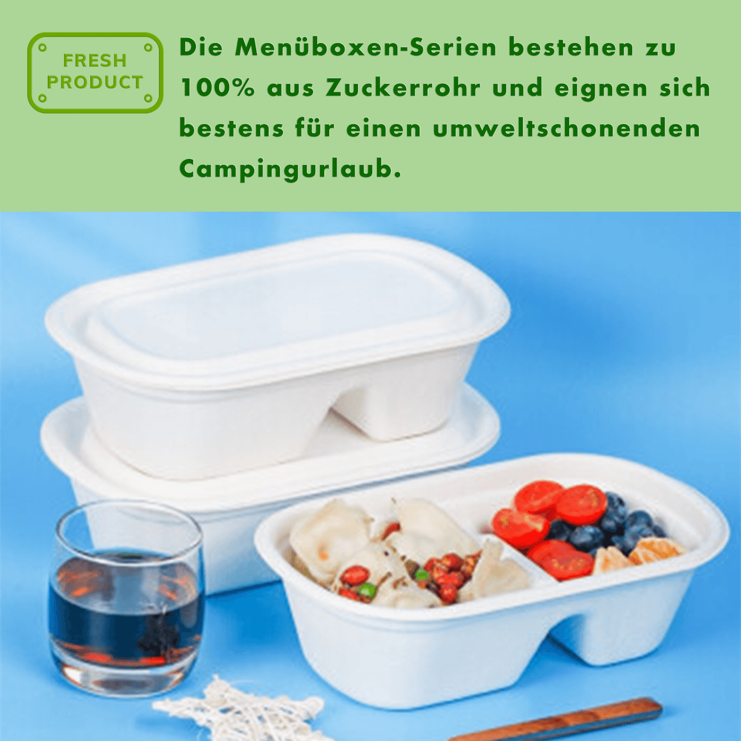 250x Go Bamboo Bio Einweg-Menüboxen mit Deckel aus Bagasse, Pack á 50 Stück - Blau Bärchen